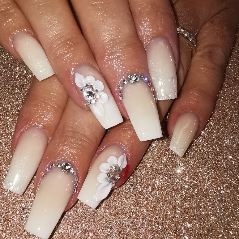 White ombré coffin nails with crystal & 3D floral detail